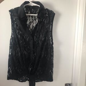 Black Floral Lace Button Collar Shirt with Tie